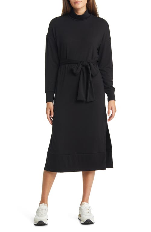 caslon(r) Tie Waist Long Sleeve Turtleneck Midi Dress in Black