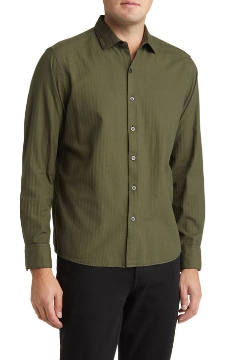 Nye Herringbone Stripe Cotton Button-Up Shirt