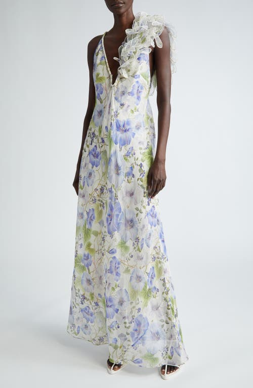 Natura Feather Detail Linen & Silk Gown in Blue Floral