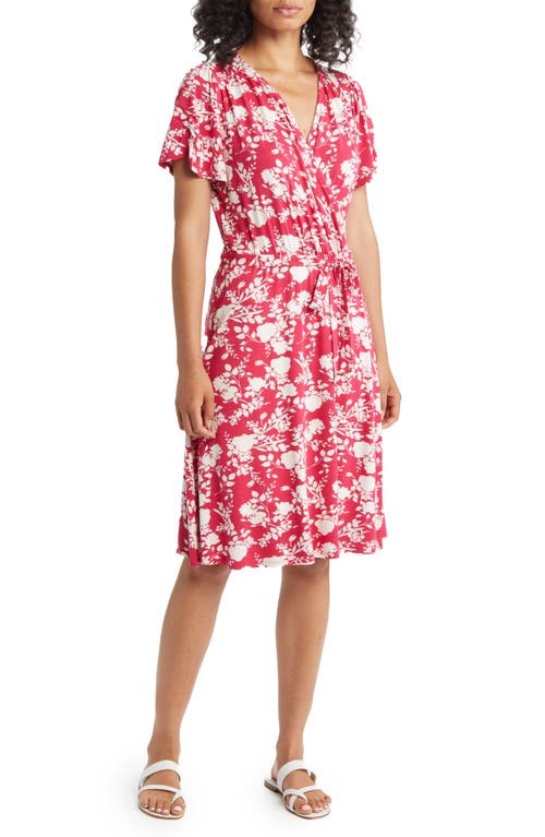 Loveappella Short Sleeve Jersey Faux Wrap Dress In Pink