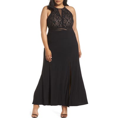 Plus Size Morgan & Co. Illusion Inset Lace Bodice Gown, Black