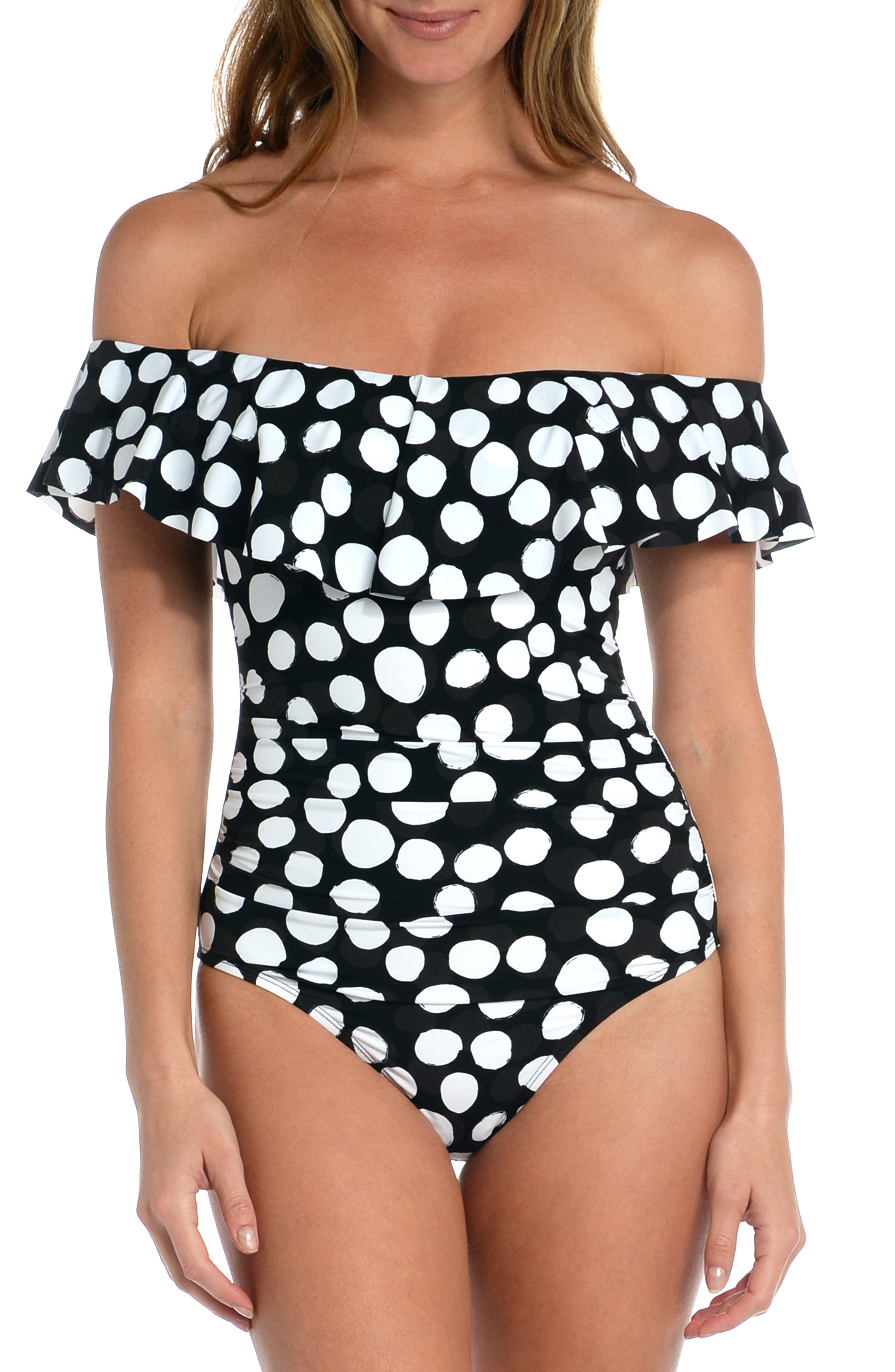 black and white off the shoulder swimsuit