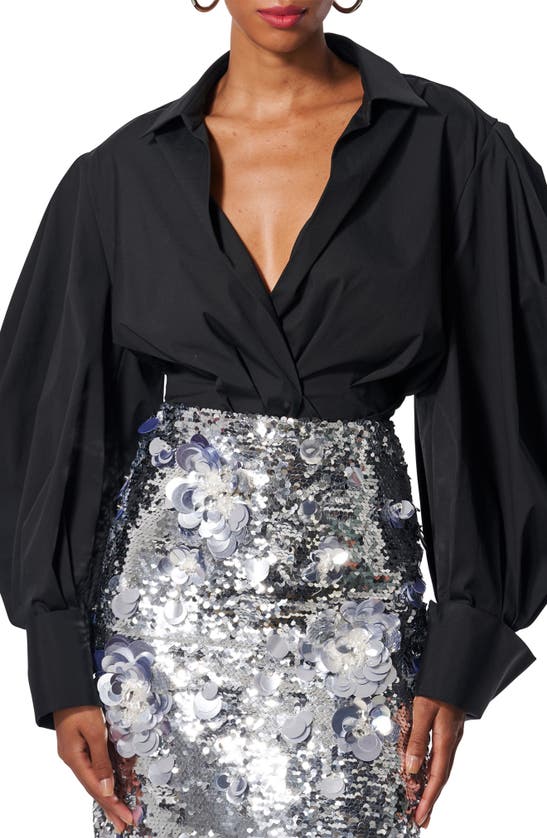 Shop Carolina Herrera Bishop Sleeve Cotton Blend Wrap Top In Black