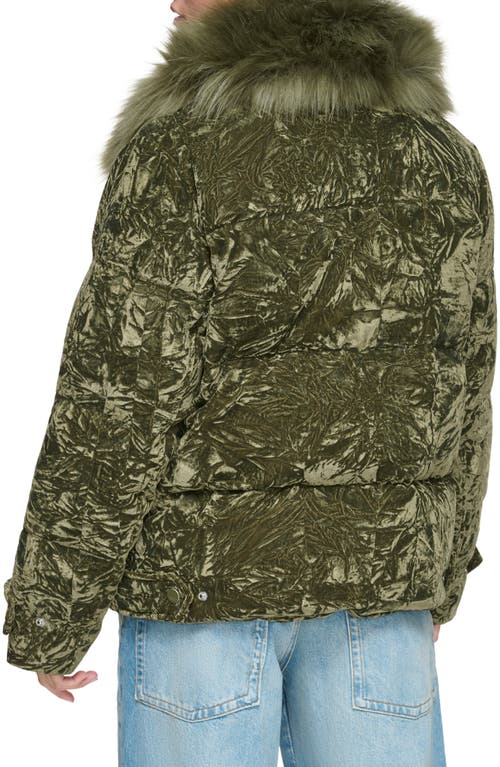 Andrew Marc Charleroi Faux Fur Collar Down & Feather Fill Velvet Puffer Jacket In Forest