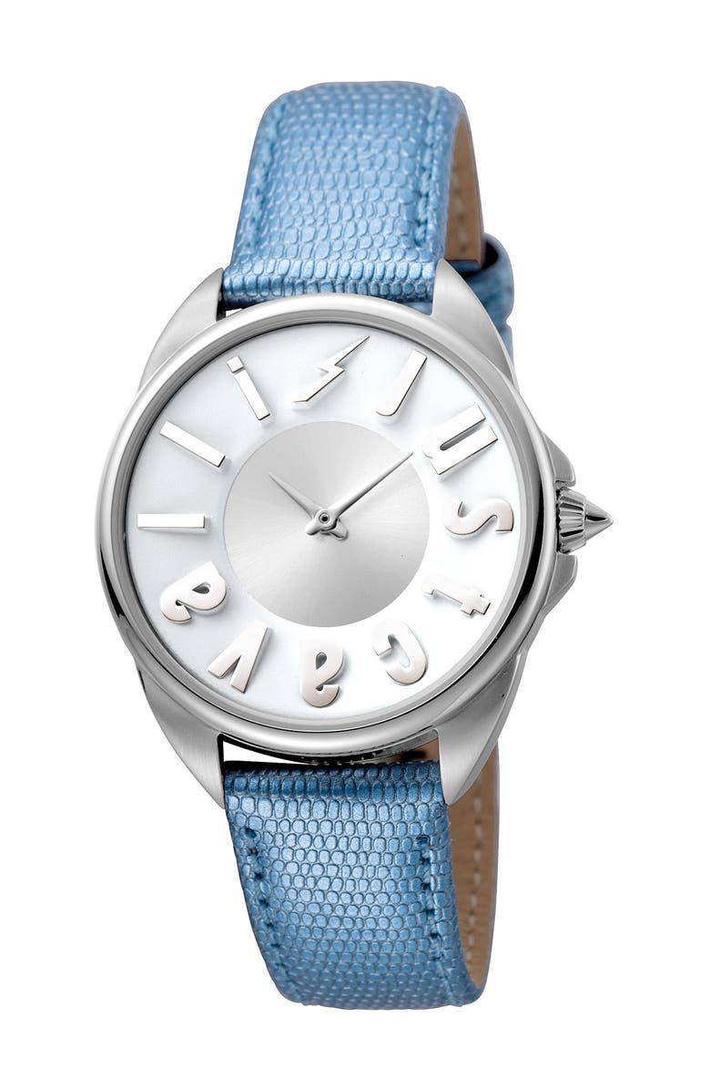 JUST CAVALLI Women's Logo Leather Strap Watch, 34mm, Main, color, BLUE