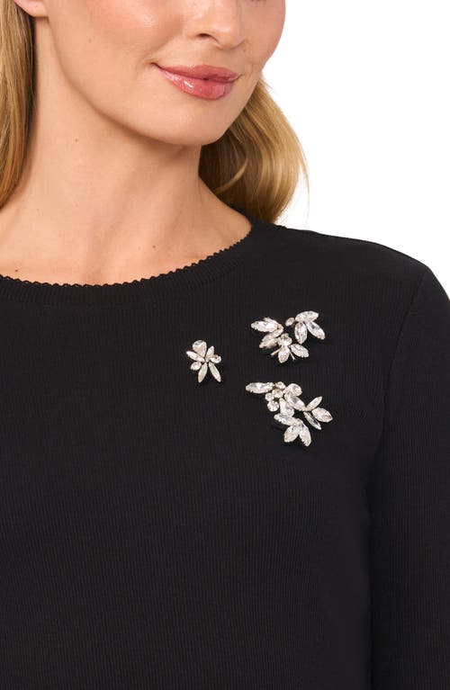 Cece Rhinestone Embellished Scalloped Trim Rib Knit Top In Rich Black
