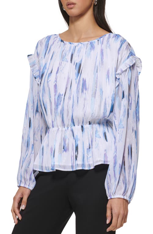 Shop Dkny Metallic Abstract Print Cold Shoulder Peplum Top In White/flint Multi