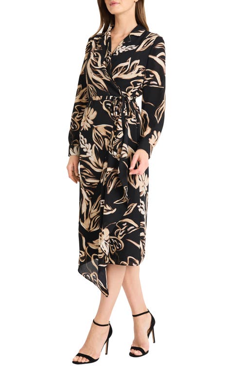 Shop Maggy London Asymmetric Hem Long Sleeve Georgette Midi Wrap Dress In Black/khaki