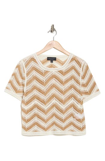 Laundry By Shelli Segal Zigzag Crocheted Sweater In Marshmallow/camel