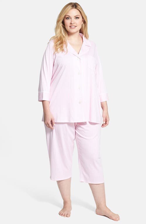 Shop Lauren Ralph Lauren Knit Crop Pajamas In Lagoon Pink/white Stripe