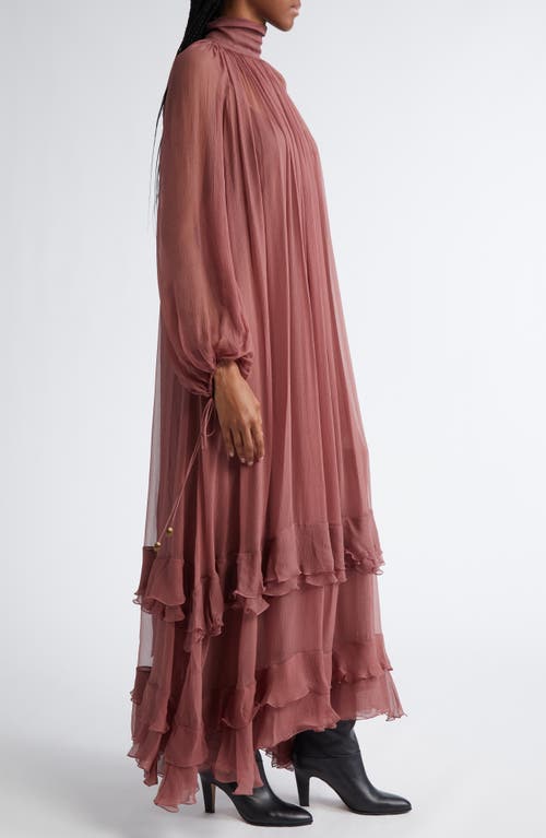 Shop Chloé Long Sleeve Tiered Ruffle Silk Mousseline Maxi Dress In Woodrose