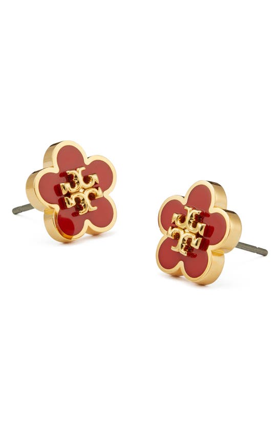 Shop Tory Burch Flower Stud Earrings In Brass / Matchstick Red