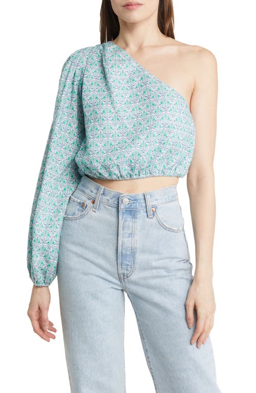 CAMI NYC Lenore Floral One-Shoulder Linen Crop Top in Turquoise Wallpaper