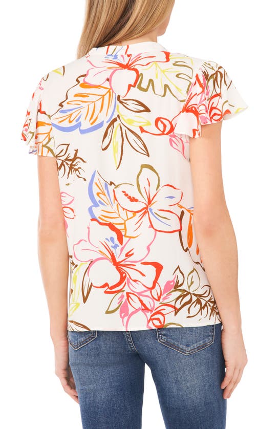Cece Floral Print Flutter Sleeve Top In New Ivory