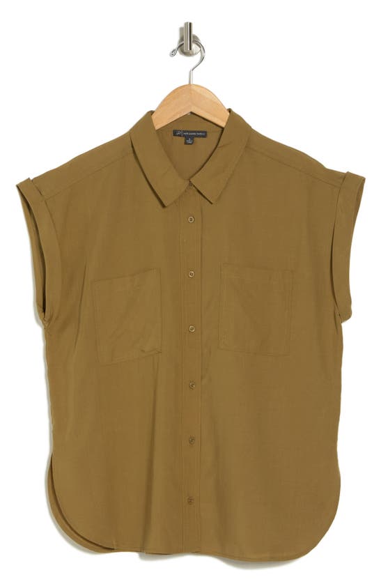 Shop Adrianna Papell Utility Button-up Shirt In Olive Brown