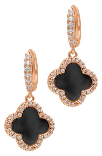 Adornia 14k Rose Gold Plated Crystal Halo Black Clover Dangle Huggie Earrings In Rosegold/black
