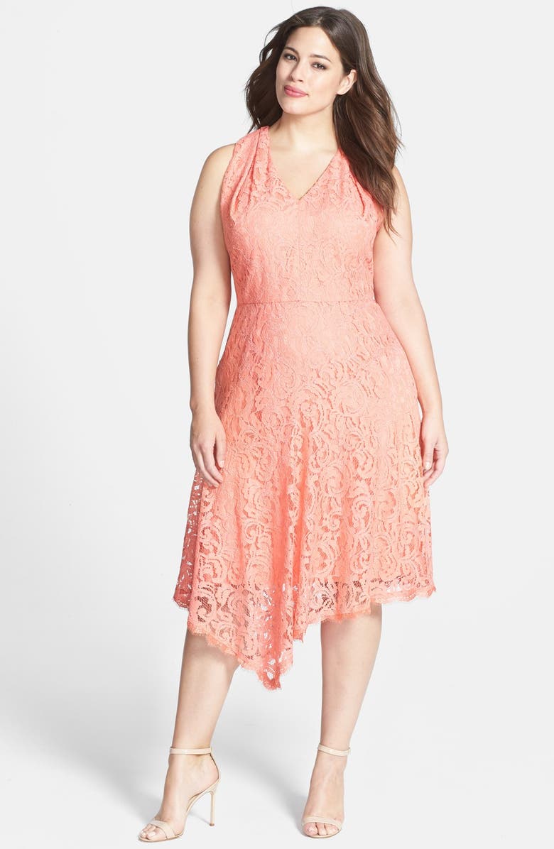 ADRIANNA PAPELL Peekaboo Detail V-Neck Lace Dress, Main, color, MELON