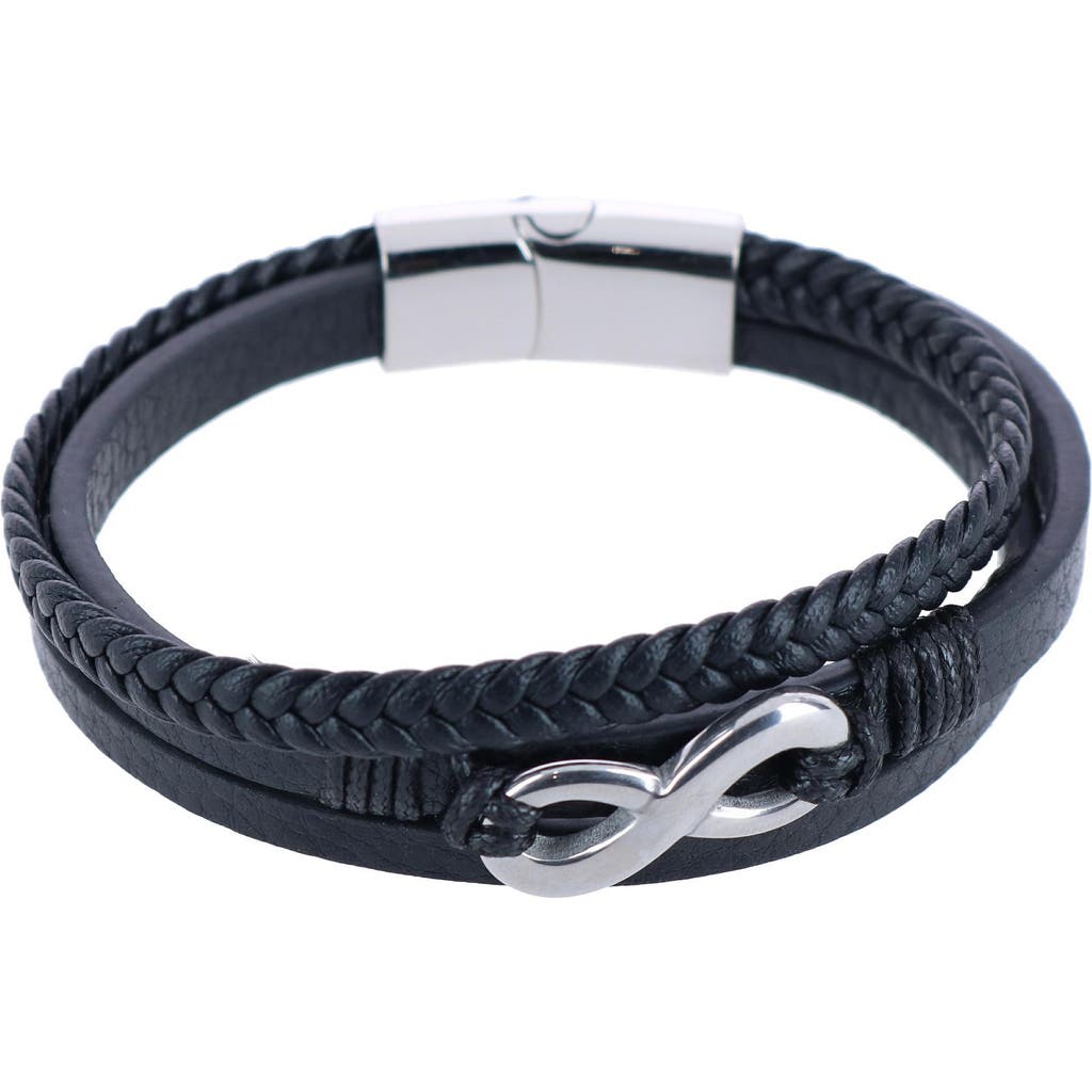 Trafalgar Infinity Triple Band Secure Clasp Leather Bracelet In Black And Silver