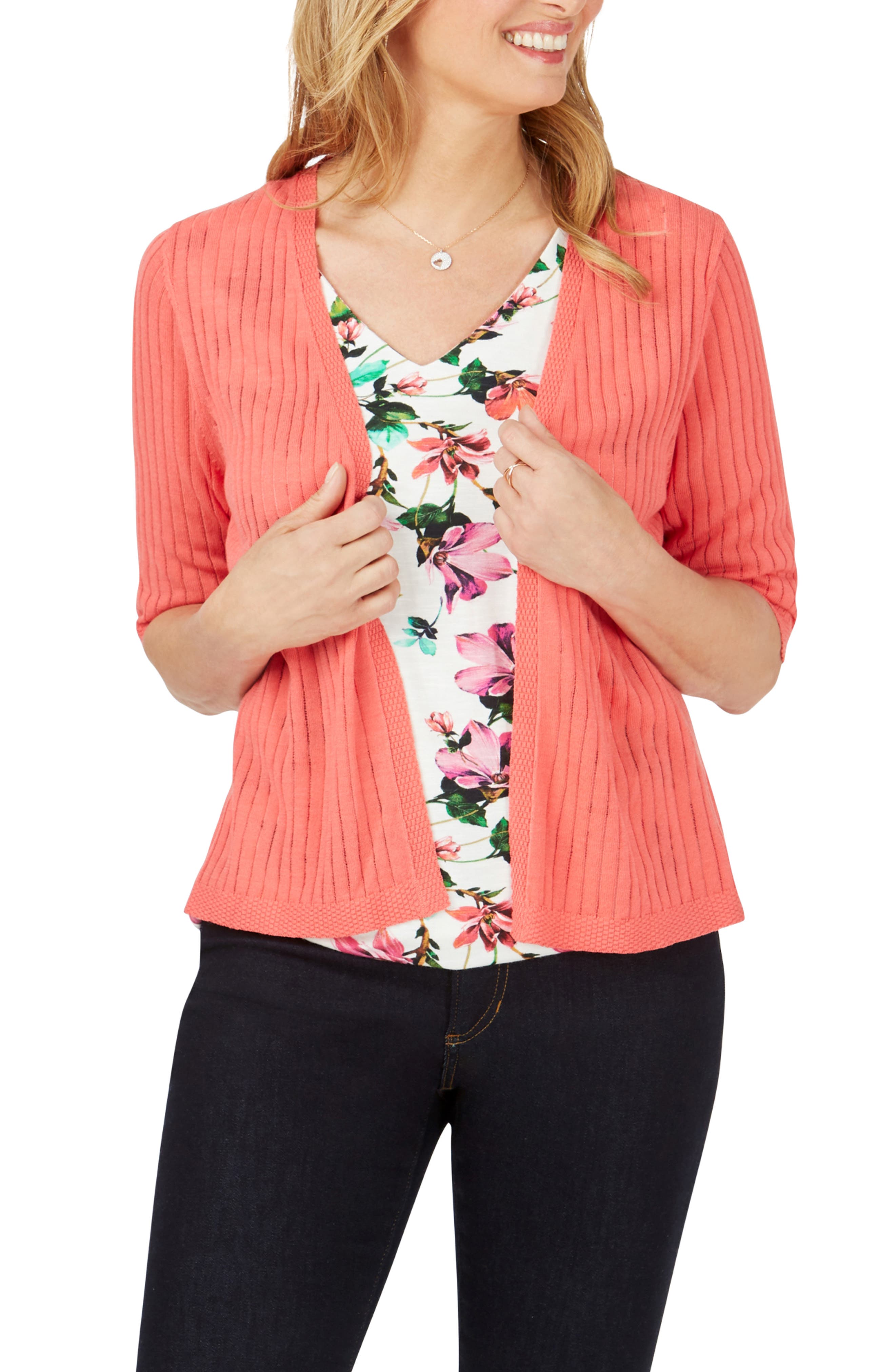 Foxcroft Clarabelle Stripe Stitch Cardigan, Coral