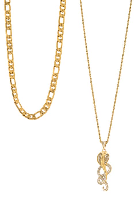 Men's Set of 2 Figaro Chain & Snake Pendant Necklace