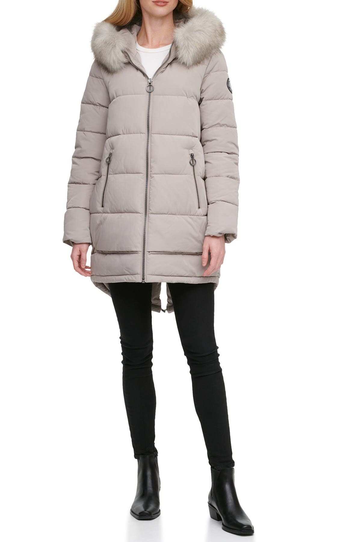 Dkny Zip Front Puffer With Faux Fur Trim Hood In Thi Thistle | ModeSens