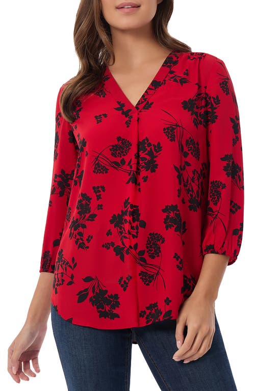 Jones New York Floral Pleat Front Top In Deep Rouge/jones Black