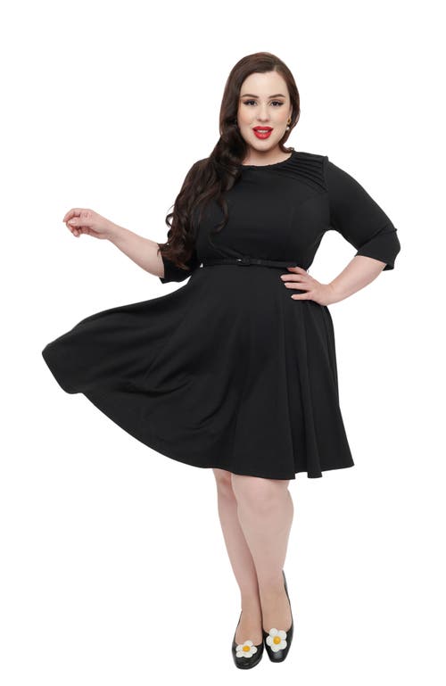 Unique Vintage Plus Size Boat Neck Belted Stephanie Fit & Flare Dress In Black Knit