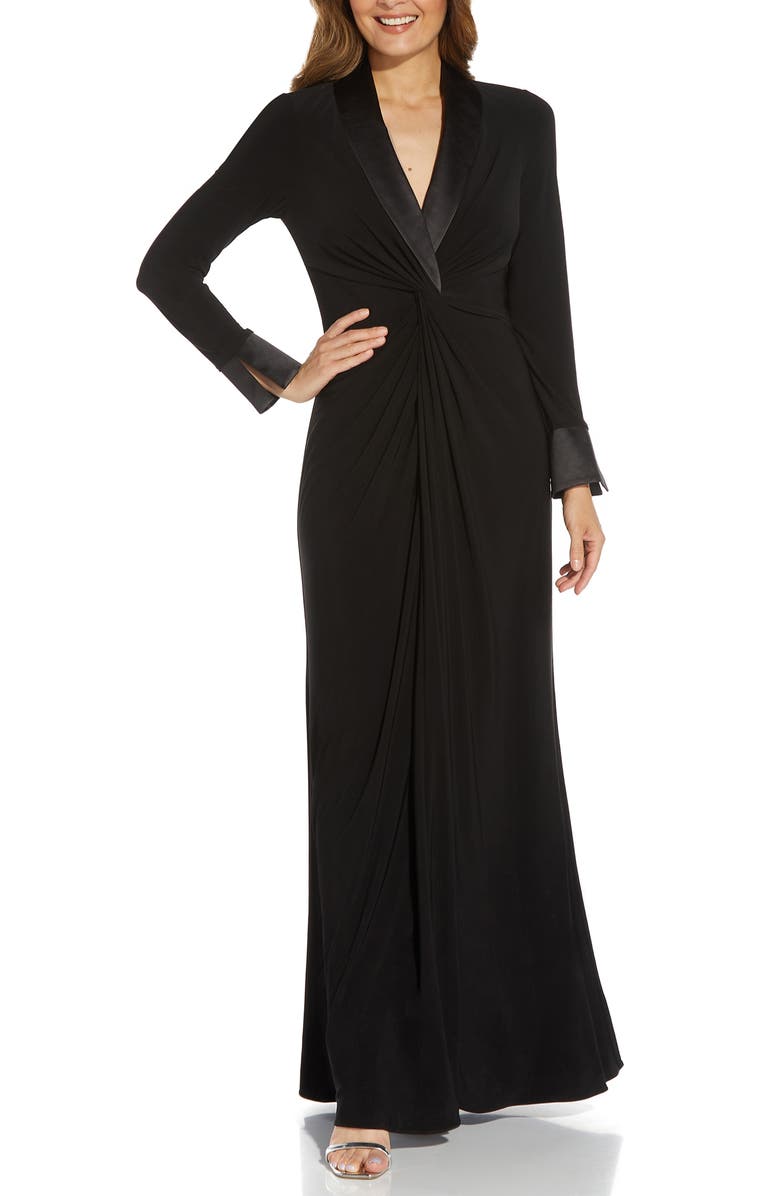 Adrianna Papell Jersey Twist Front Long Sleeve Tuxedo Gown | Nordstrom