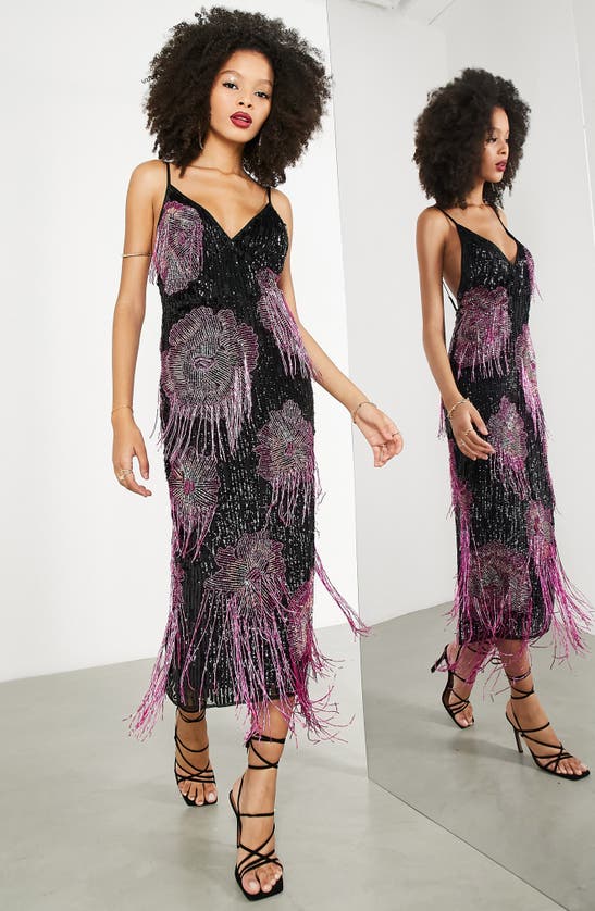 Asos Design Cami Midi Dress With Floral Fringe In Black And Pink