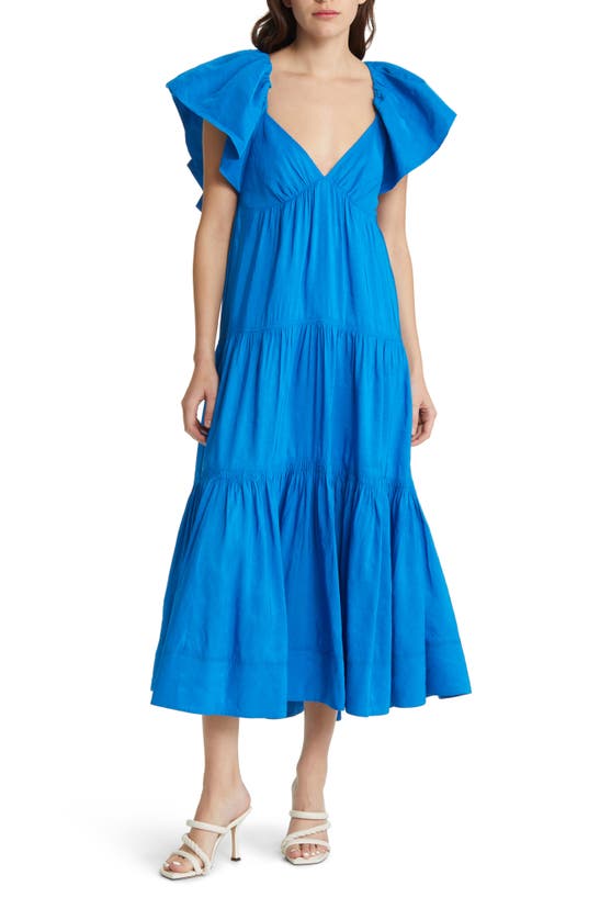 La Ligne Ruffle Shoulder Open Back Linen Blend Midi Dress In Ultramarine