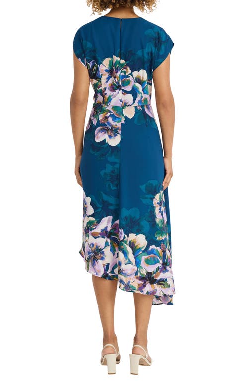 Maggy London Floral Print Asymmetric Dress In Deep Teal Blue/lt Royal Lilac