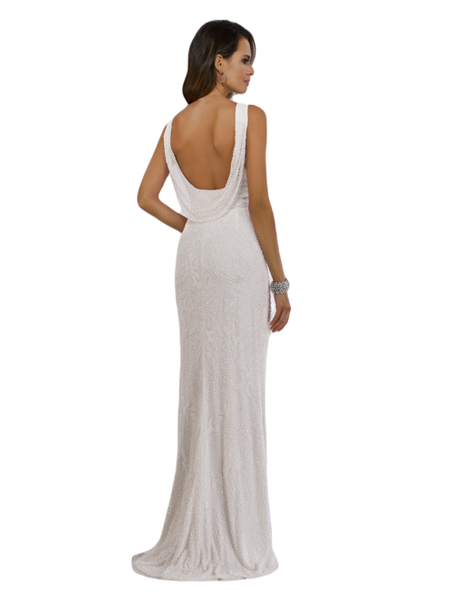 Shop Lara New York Erika Beaded Draped Cowl Back V-neck Wedding Dress In Ivory