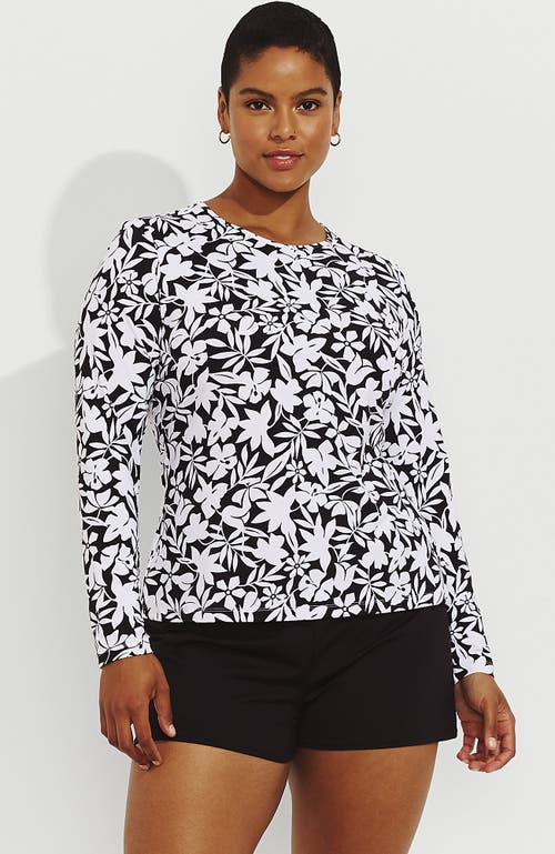 Shop Lands' End Plus Size Crew Neck Long Sleeve Rash Guard Upf 50 Sun Protection Swim Tee In Black Havana Floral