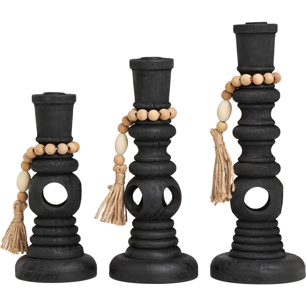 Willow Row Set Of 3 Wood Pillar Candle Holders In Black