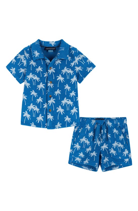 Andy & Evan Babies' French Terry Button-up Shirt & Shorts Set In Blue Palm