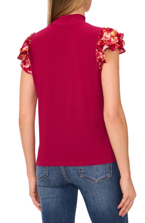 Cece Floral Print Double Ruffle Mixed Media Top In Deep Sangria Burgundy
