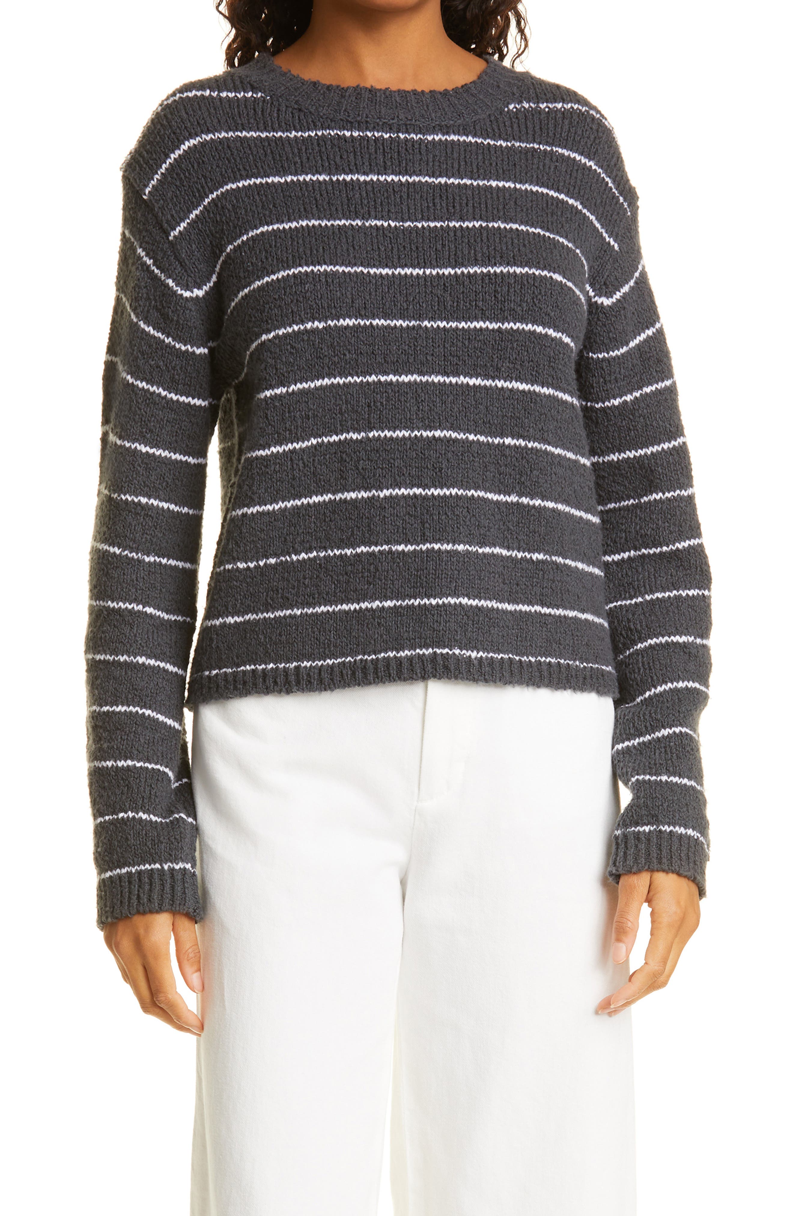 VINCE Stripe Pebbled Organic Cotton Blend Sweater in Dk Tide/Optic White