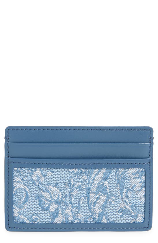 Versace Floral Jacquard & Leather Card Case In Blue Gentian Rutenium