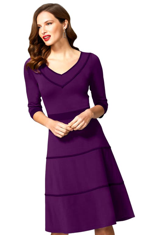 Shop Hotsquash London Clothing V Neck Fit And Flare Dress With 3/4 Sleeves In Purple With Damson Piping