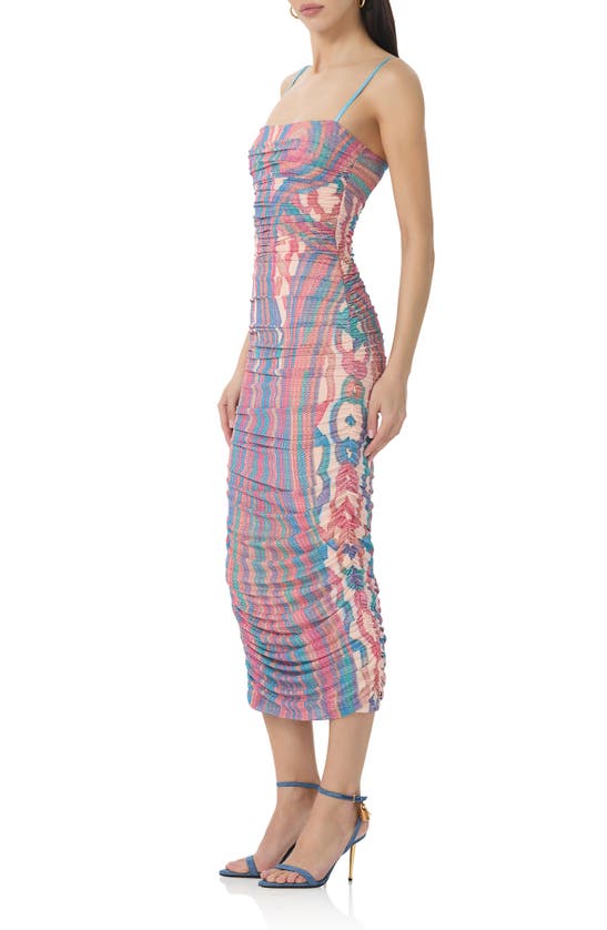 Afrm Hazel Printed Ruched Mesh Midi Dress In Sculpted Cable