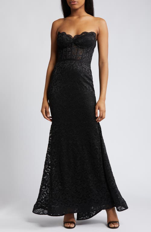 Glitter Lace Strapless Mermaid Gown in Black