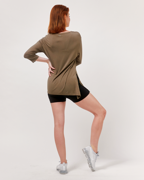 Rebody Active Anen Side Tie 3/4 Sleeve Top In Army Sage