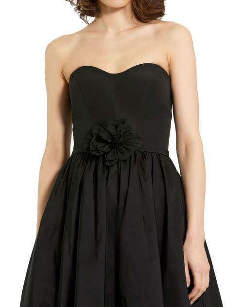 Mac Duggal Strapless Faille A-line Rose Detailed Midi Dress In Black