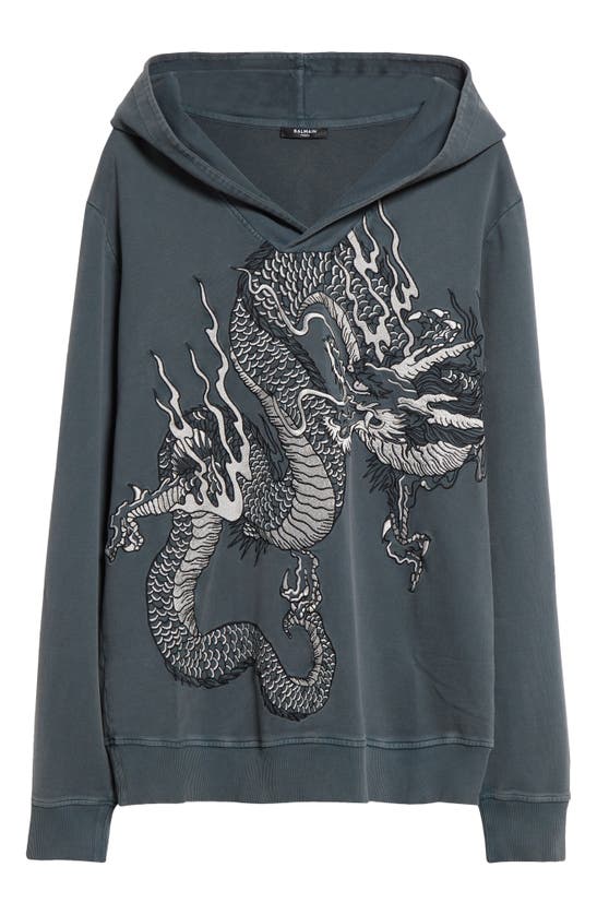Balmain Dragon Embroidered Hoodie In Multi-gray