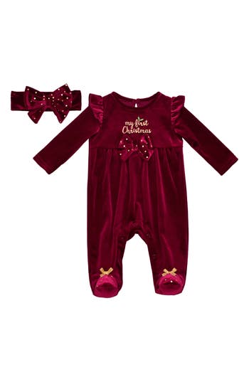 Baby Starters My First Christmas Velour Footie & Headband Set In Red
