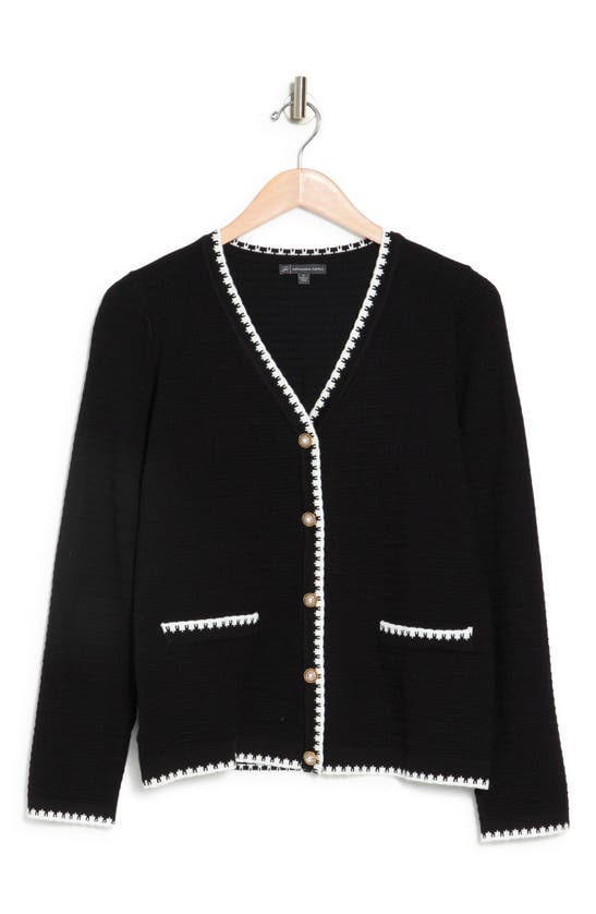 Adrianna Papell V neck Ottoman Stitch Cardigan In Black Ivory