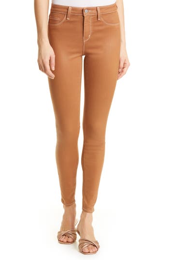 L Agence L'agence Marguerite Topstitch Detail Coated Skinny Jeans In Brown