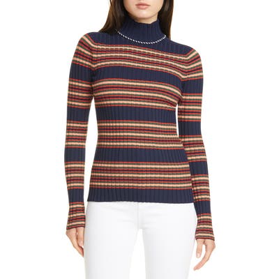Tory Burch Ribbed Stripe Merino Wool Turtleneck Sweater, Blue