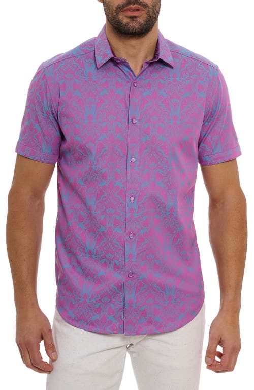 Robert Graham Highland Tapestry Short Sleeve Cotton Jacquard Button-Up Shirt Magenta at Nordstrom,