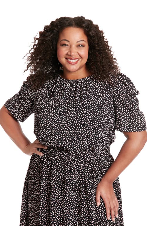 London Times Short Sleeve Midi Dress In Black/blush
